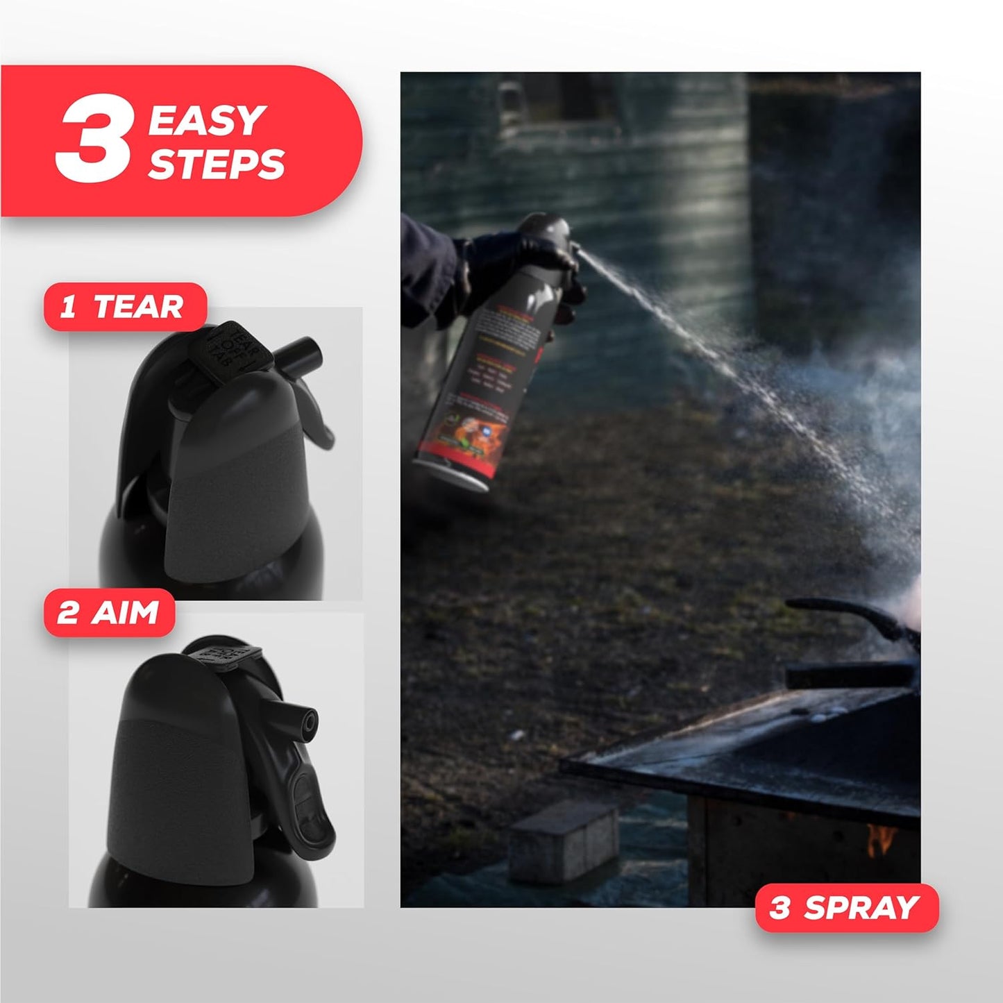 Step-by-step guide on using Fire Fix fire extinguisher foam, highlighting its easy three-step process: tear, aim, and spray.