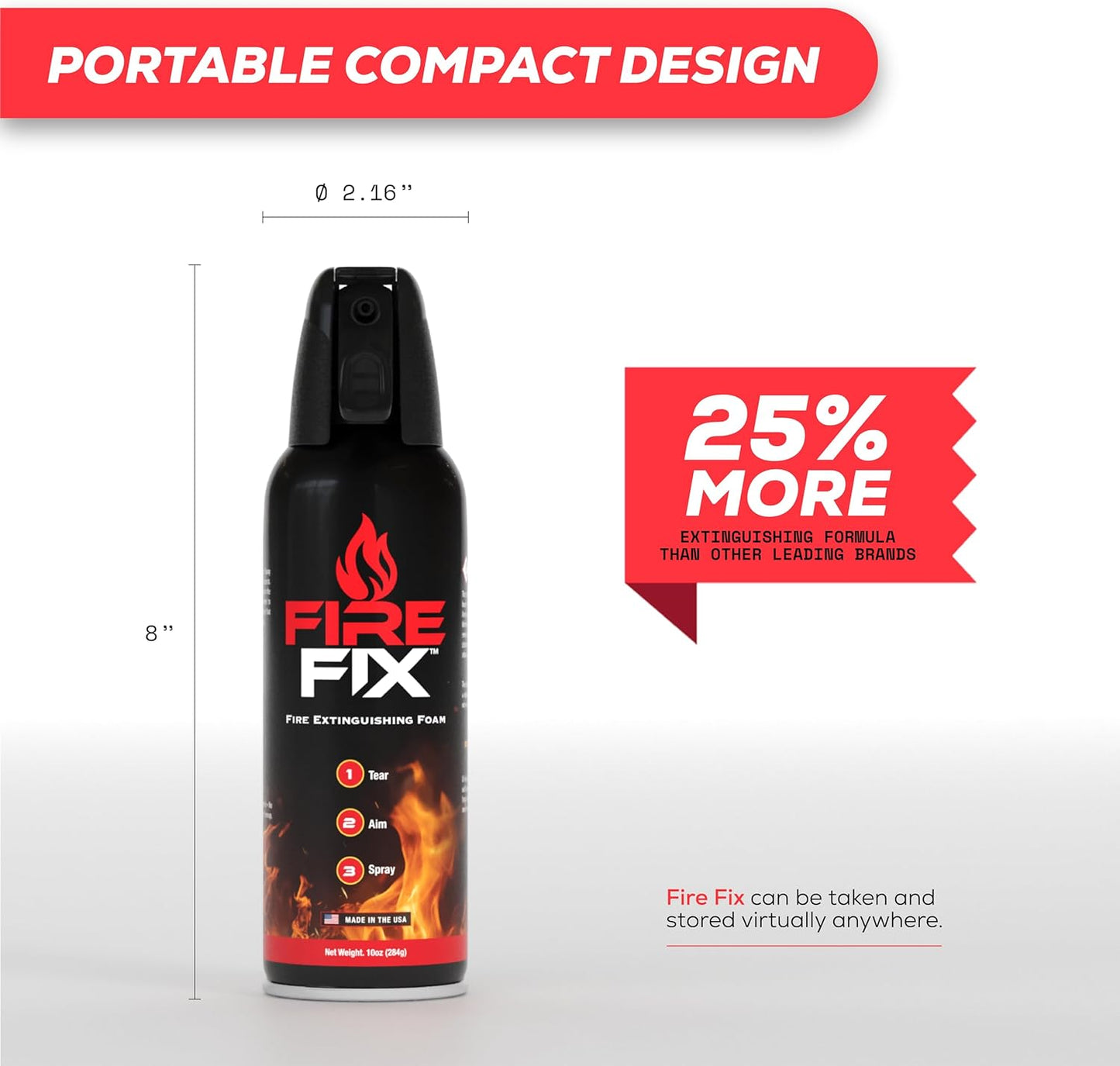 Portable and compact Fire Fix fire extinguisher foam with 25% more extinguishing formula, perfect for on-the-go fire emergencies.
