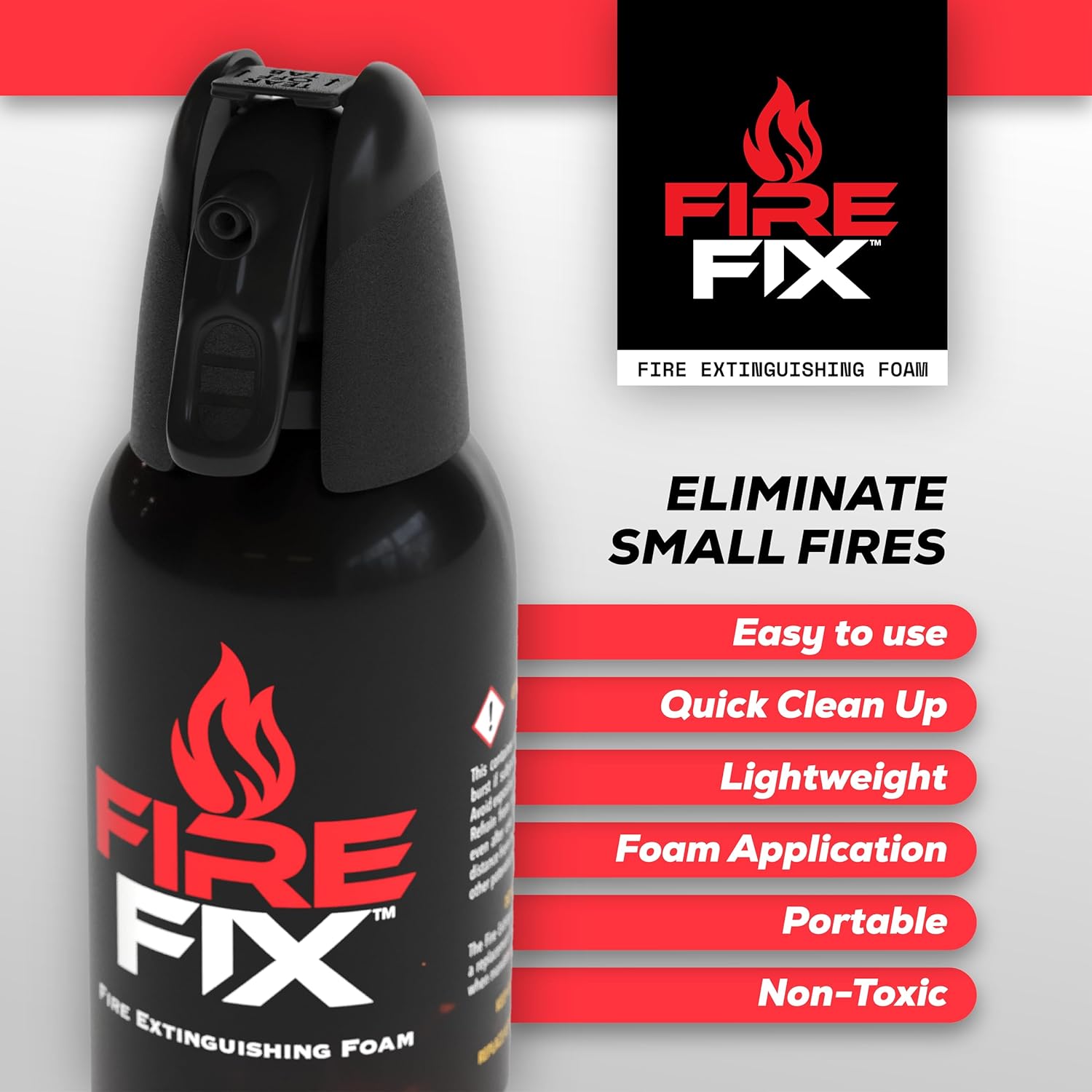 Close-up of Fire Fix fire extinguishing foam with easy-to-use features, ideal for quick and safe fire suppression in homes and vehicles.
