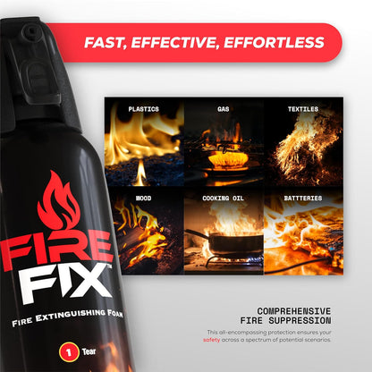 Fire Fix extinguishing foam showcasing its efficiency against fires caused by plastics, gas, textiles, wood, cooking oil, and batteries.