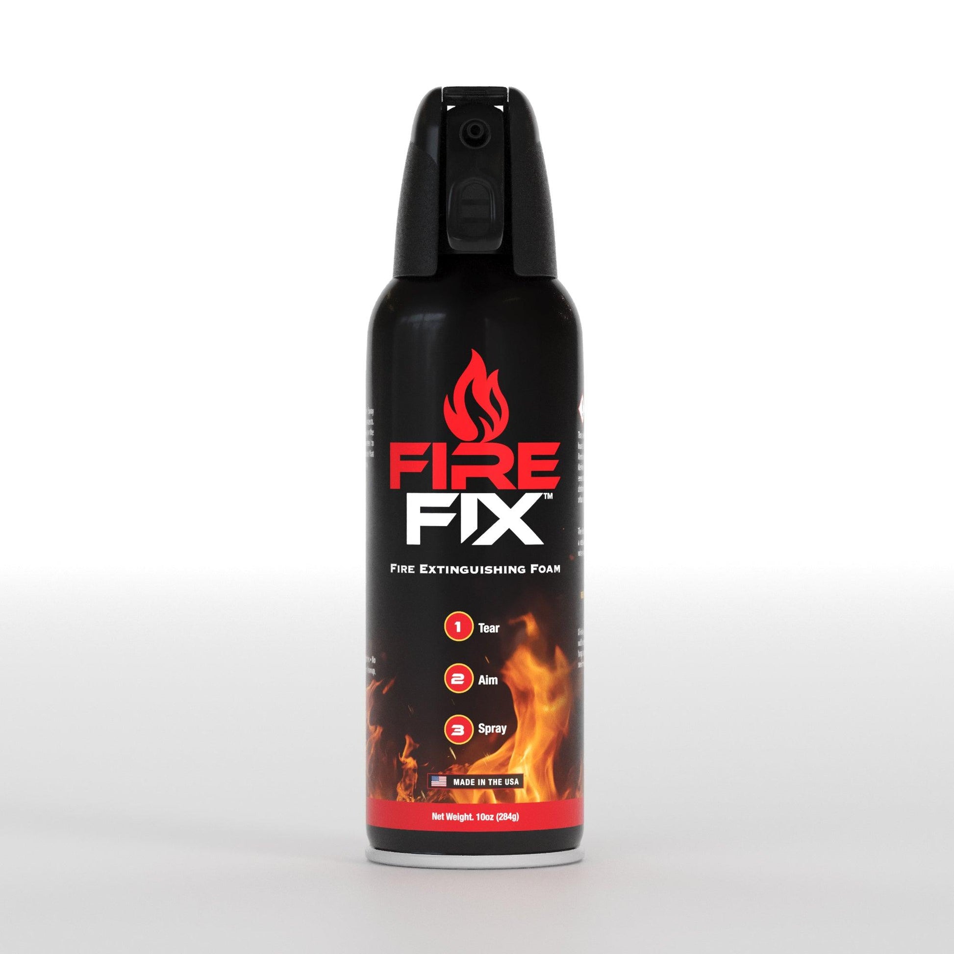Fire Fix fire extinguishing foam against a white background, emphasizing its simple usage steps and American-made quality for emergency fire situations.